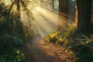 Obraz premium Sunbeams pierce through a misty redwood forest, illuminating a tranquil path.