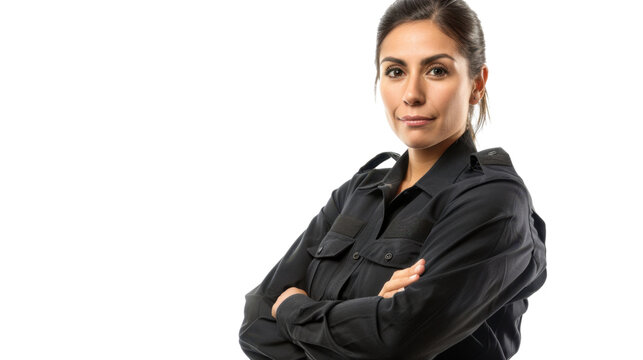 Mexican middle age female security guard uniform, confident and arms crossed on white background