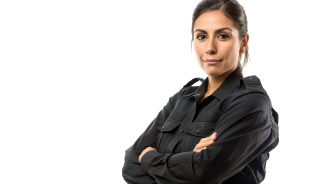 Mexican middle age female security guard uniform, confident and arms crossed on white background