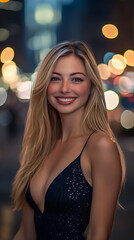 Young woman smiles brightly at night in a bustling city street adorned with colorful lights