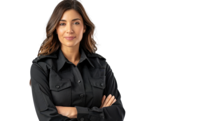 Mexican middle age female security guard uniform, confident and arms crossed on white background