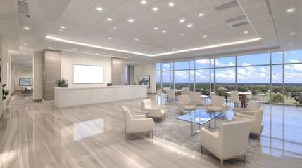 Fototapeta premium Bright and Open Space: A well-lit meeting area with floor-to-ceiling windows and a blank white frame mounted on a polished wall.
