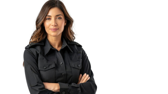 Mexican middle age female security guard uniform, confident and arms crossed on white background