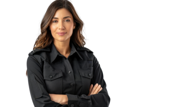 Mexican middle age female security guard uniform, confident and arms crossed on white background