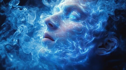 Obraz premium Glowing blue smoke envelops a man's face, creating a surreal, ethereal effect.