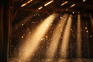 Golden light beams illuminate a dark barn, dust motes dancing in the rays.