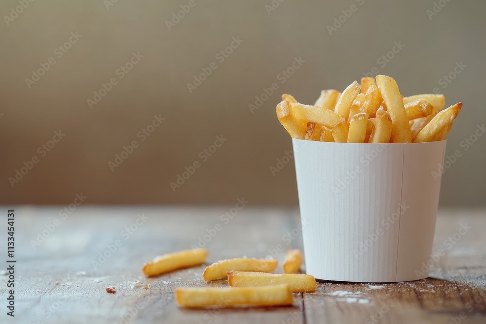 Poster Golden fries are presented in a white cup, resting on a rustic wooden table, creating a casual and inviting snack atmosphere. Generative AI