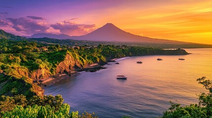 Naklejka premium Vibrant sunset over a volcanic coastline with boats.
