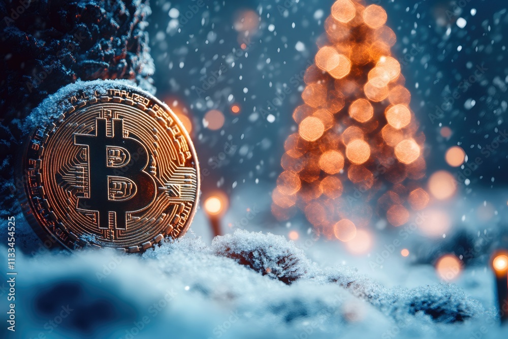 Poster Bitcoin rests on snow with christmas tree lights glowing in background during gentle snowfall