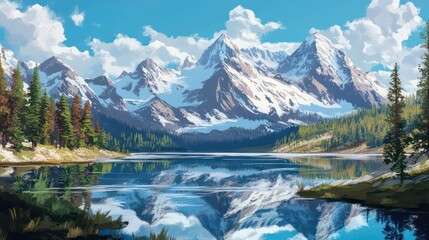 A panoramic mountain landscape with a quiet, glassy lake reflecting the towering snow-covered peaks.