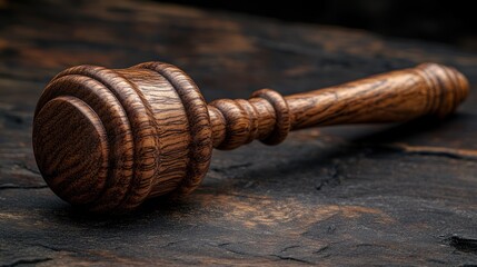 Wooden gavel on a dark wooden surface.