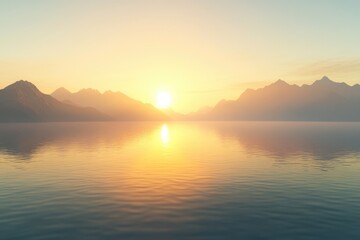 Fototapeta premium Serene sunset over calm lake, majestic mountains silhouetted against golden sky.