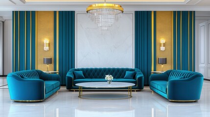 a luxurious living room with velvet sofas, golden accents, crystal chandeliers