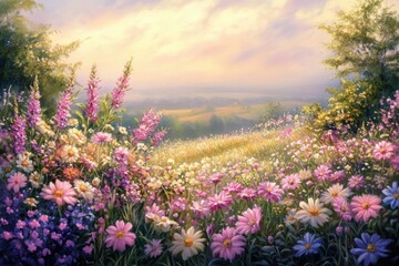 Obraz premium Vibrant wildflowers bloom in a picturesque landscape under a soft, sunset sky.