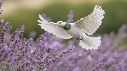 White homing pigeon in mid-flight, surrounded by softly blurred lavender blooms, perfect for a serene floral and avian wallpaper.