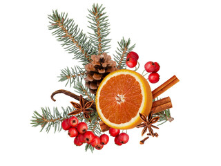 Festive Christmas picture of fir branches, orange, red berries and grog spices isolated on white...