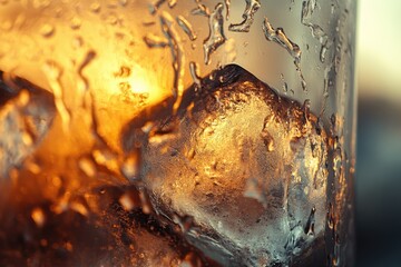 Close-up of ice cubes in a glass, backlit by warm sunlight, creating a mesmerizing texture and abstract art.