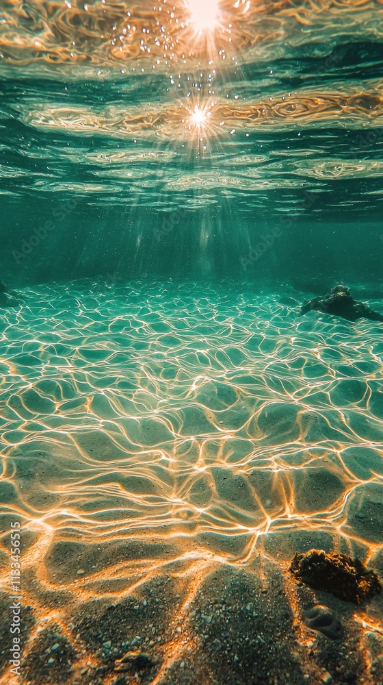 Poster Sunlight filters through turquoise water, creating a mesmerizing pattern of light across the sandy bottom. Gentle ripples move gracefully, enhancing the serene underwater landscape