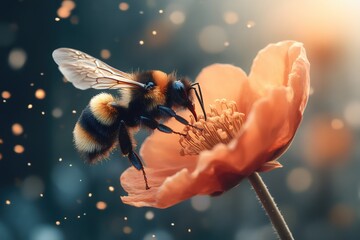 Naklejka premium Bumblebee delicately extracts pollen from an orange flower, showcasing the beauty of pollination in nature