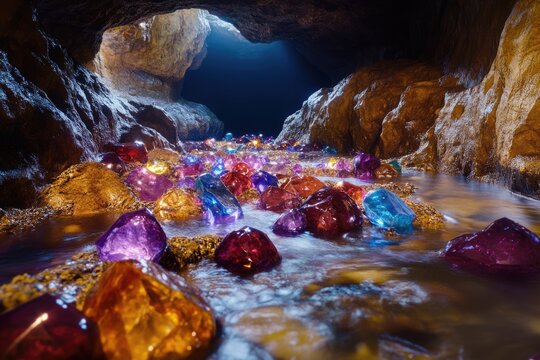 A mesmerizing subterranean stream flows through a dark cave, adorned with vibrant, colorful gemstones.