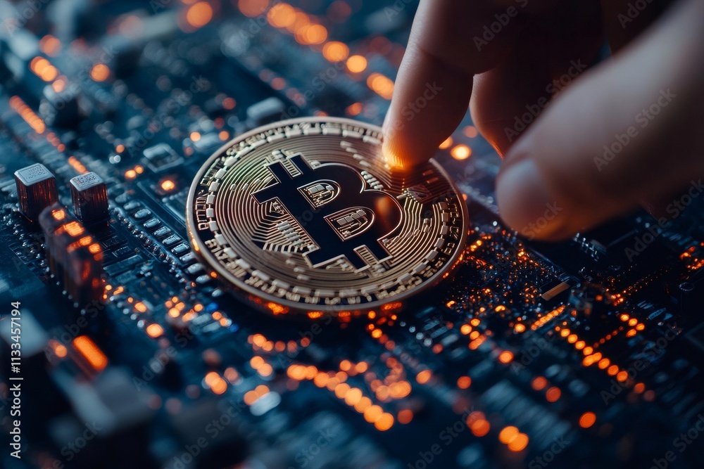 Aufkleber technician installing bitcoin on electronic circuit board