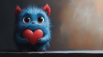 Fototapeta premium A Blue Furry Animal Holding a Heart, Radiating Cuteness and Love