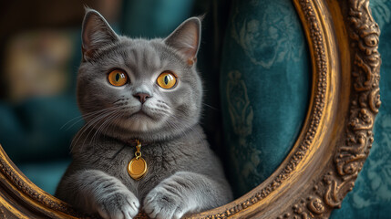 Luxurious cat portrait in an ornate golden frame capturing the feline's curious gaze
