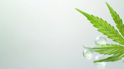 Fototapeta premium Delicate droplets of CBD hover beside a lush cannabis leaf, creating a serene composition that highlights the natural beauty and therapeutic qualities of hemp