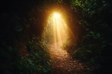 Sunlit path through a dark, lush tunnel of green foliage, offering a mystical and hopeful journey.