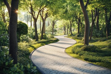 Obraz premium A winding stone path through a lush, sun-dappled forest, offering serenity and tranquility.