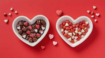 Valentines Day flat lay with heart-shaped plates filled with candies on a red background with space in the center