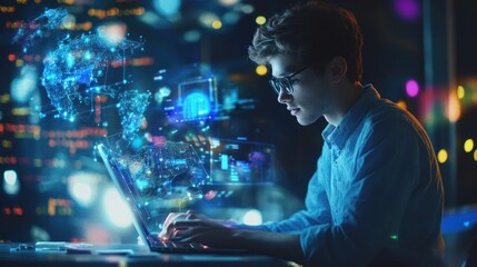 Young person working on a laptop with digital graphics.