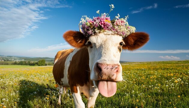 A funny photo of a naughty and playful cow with the tongue sticking out of the mouth and wearing a flower crown; animal photography; funny photography; selective focus; blurred background; moo moo cow