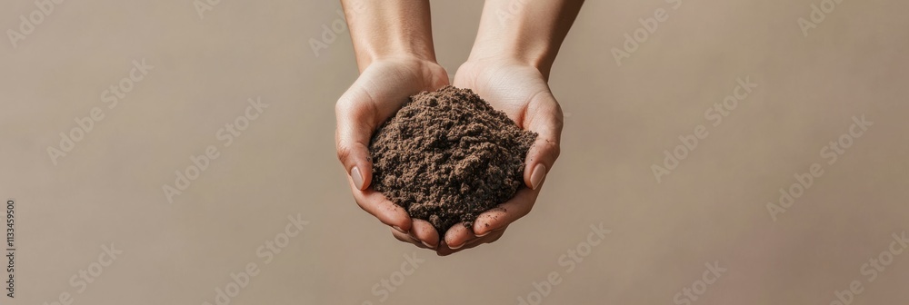 Poster hands gently cradle a handful of nutrient-rich soil, highlighting the earth’s vitality and its impor