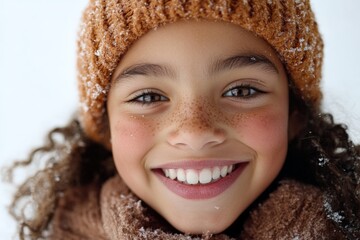 Smiling child with curly hair and freckles enjoying a winter day in the snow with warm hat and scarf