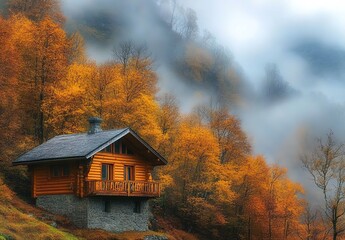 A wooden cabin nestled in the mountains, surrounded by autumn foliage and misty clouds.