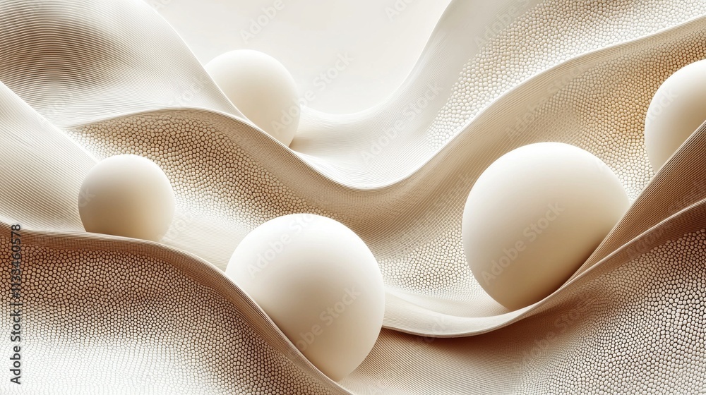 Poster softly undulating surfaces cradle smooth spheres in an abstract composition. gentle curves and warm 