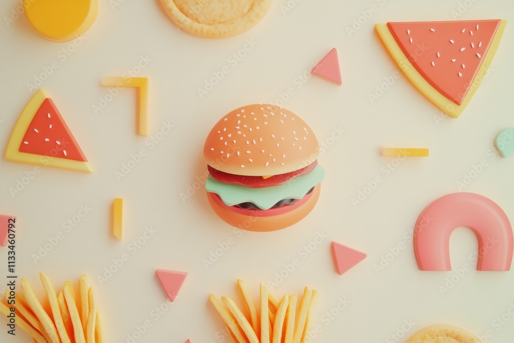 Poster bright silhouettes of various fast food items like burgers, fries, and pizza slices create a fun and