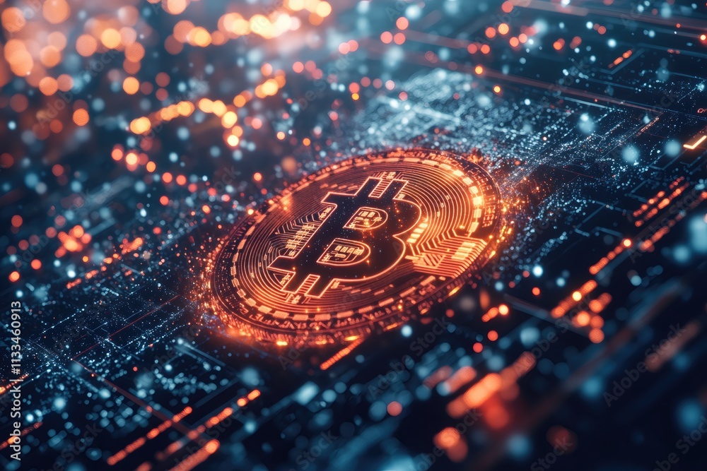 Fototapete Glowing bitcoin on computer circuit board with data flowing, representing cryptocurrency and blockchain technology