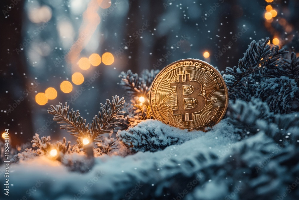 Poster bitcoin resting on snowy pine branches with christmas lights during snowfall