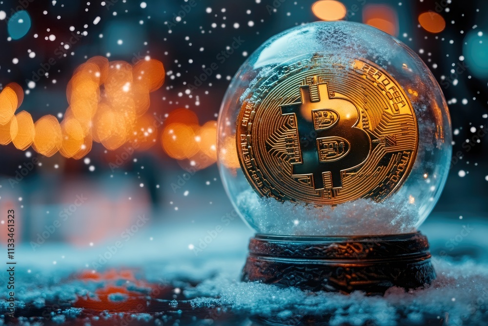 Poster golden bitcoin inside a snow globe during a snowy christmas night with warm bokeh lights in the back