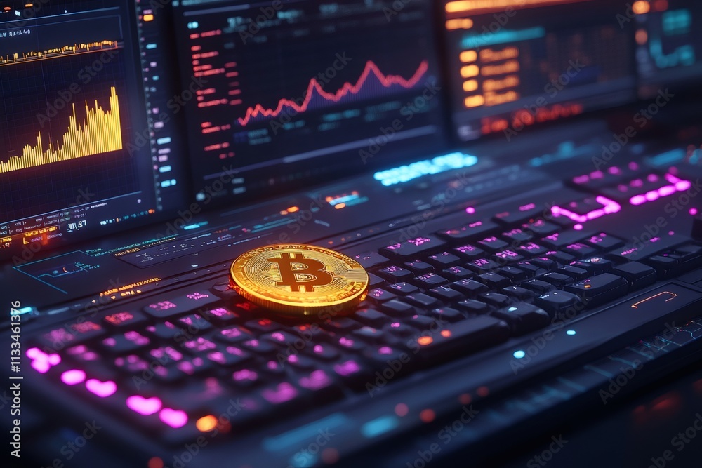 Poster Bitcoin cryptocurrency resting on keyboard with trading charts running in background