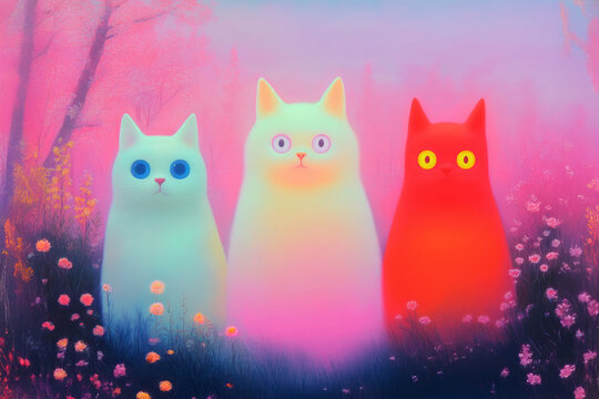 Three distinctively colored cats stand together in a whimsical, dreamlike landscape with vibrant skies, embodying fantasy and imagination in a playful, surreal atmosphere.