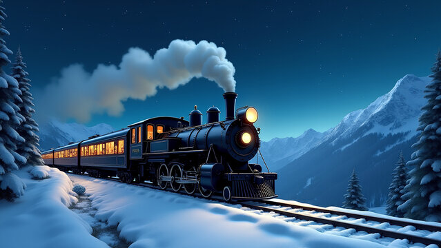 Polarexpress-Abenteuer: Ein Zug f&auml;hrt nachts durch eine verschneite Berglandschaft