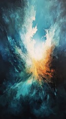 Obraz premium Abstract celestial explosion of light with dynamic brushstrokes in shades of blue, white, and orange