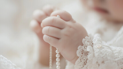 Baby Hand Gripping Rosary on Lace Baptismal Gown