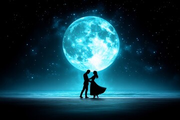 Silueta de una pareja enamorada bailando bajo la luz de la luna llena en la playa