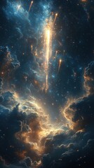 Fototapeta premium A stunning cosmic scene featuring luminous clouds and radiant light beams in a starry sky.