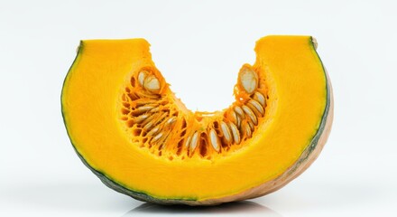 A ripe juicy single orange -colored pumpkin slice on white background cut in half The pumpkin showcasing its curved shape