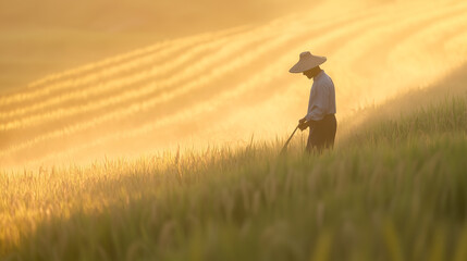 Fototapeta premium Farmer in Rice Paddy Field during Golden Hour in Ubud